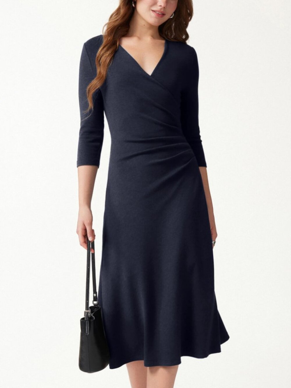 OGL MicroWarmTech™ LiteWarm Surplice 3/4 Sleeve Side-Tuck Midi Dress